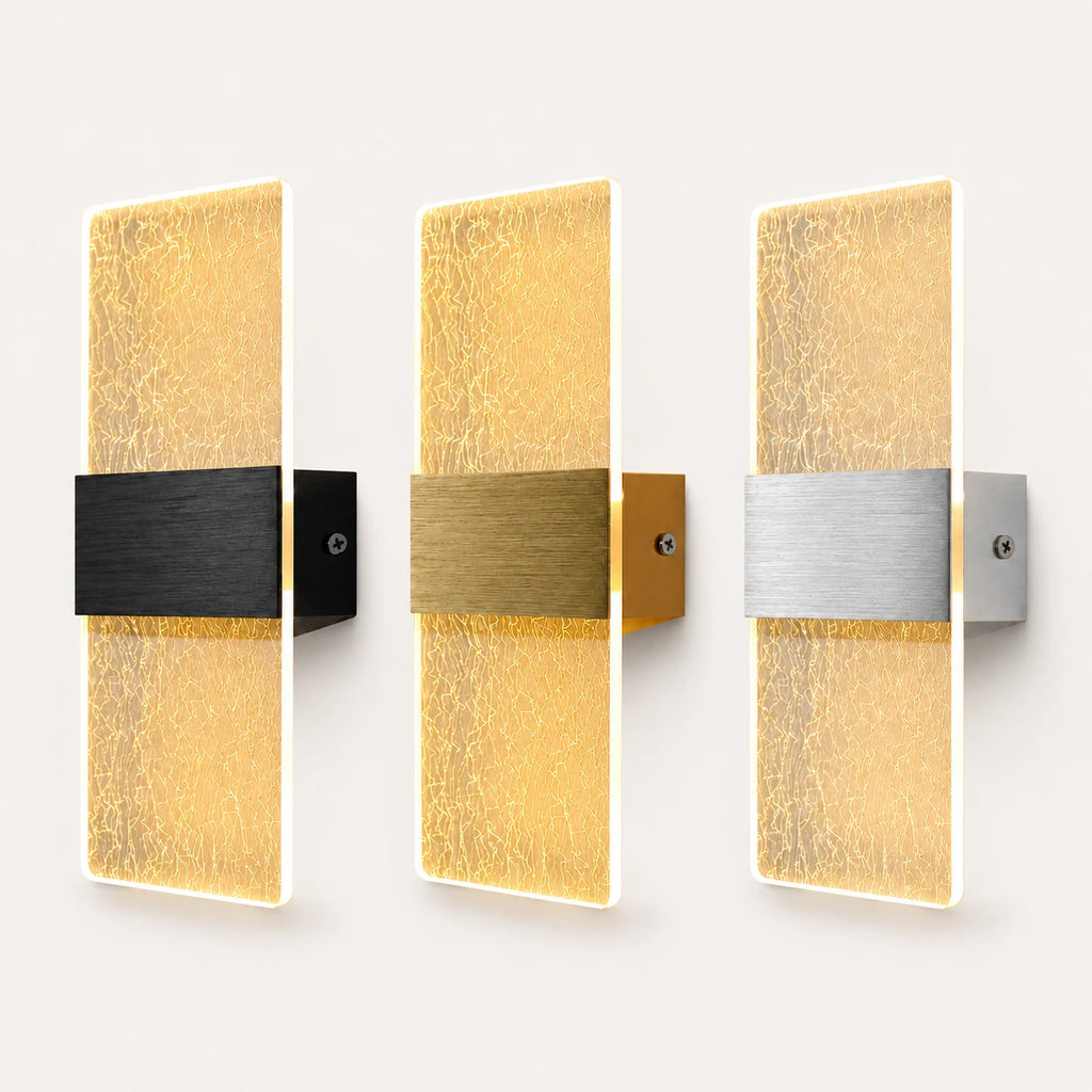 Decorative acrylic contemporary LED wall sconce in all three hardware colours with gold silk pattern acrylic panel