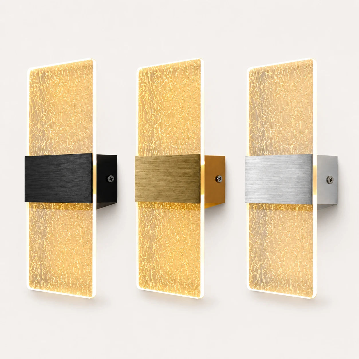Decorative acrylic contemporary LED wall sconce in all three hardware colours with gold silk pattern acrylic panel