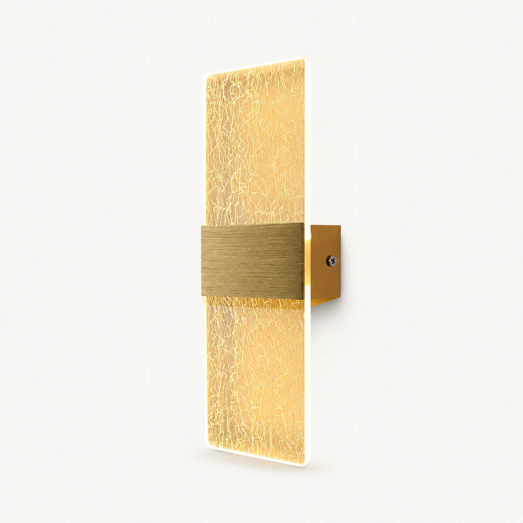 Gold hardware decorative acrylic contemporary LED wall sconce with gold silk pattern crystal acrylic panel detail view
