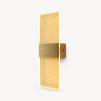 Gold hardware decorative acrylic contemporary LED wall sconce with gold silk pattern crystal acrylic panel detail view