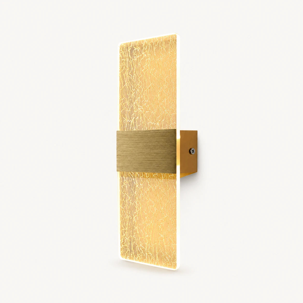 Gold hardware decorative acrylic contemporary LED wall sconce with gold silk pattern crystal acrylic panel detail view