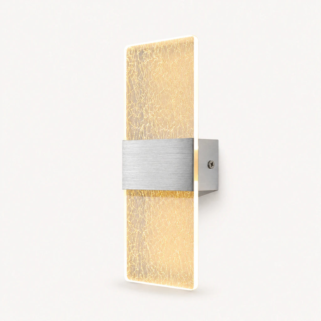 Silver hardware decorative acrylic contemporary LED wall sconce with gold silk patterned crystal panel product detail view