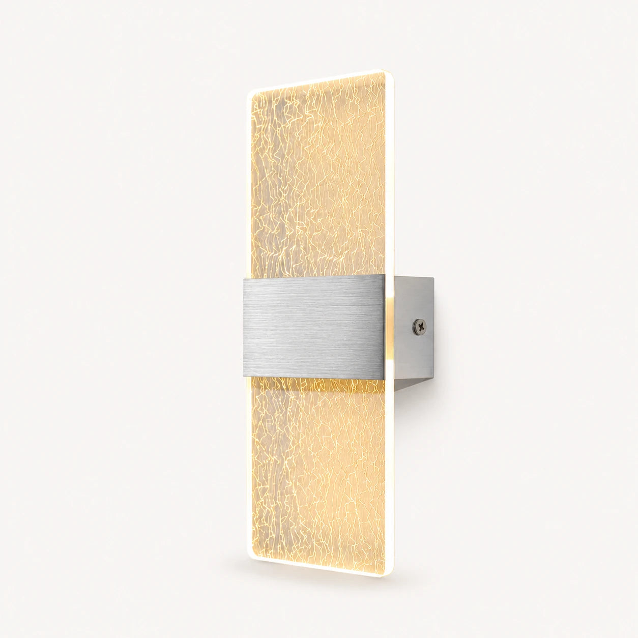 Silver hardware decorative acrylic contemporary LED wall sconce with gold silk patterned crystal panel product detail view