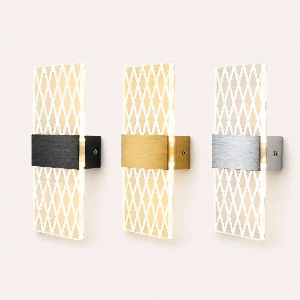 Decorative acrylic contemporary LED wall sconce shown in all three hardware colours with grid pattern acrylic panel