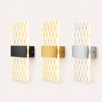 Decorative acrylic contemporary LED wall sconce shown in all three hardware colours with grid pattern acrylic panel