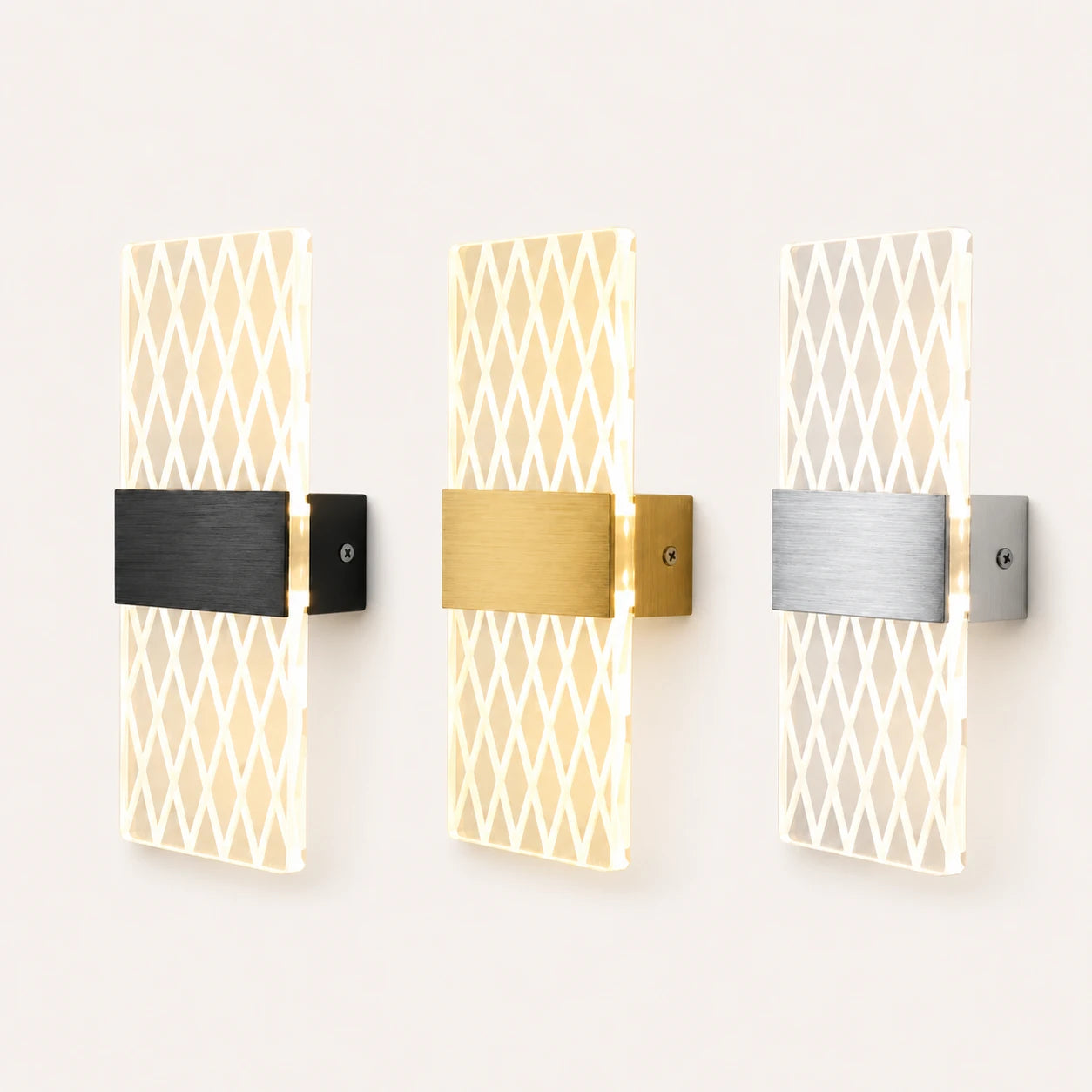 Decorative acrylic contemporary LED wall sconce shown in all three hardware colours with grid pattern acrylic panel