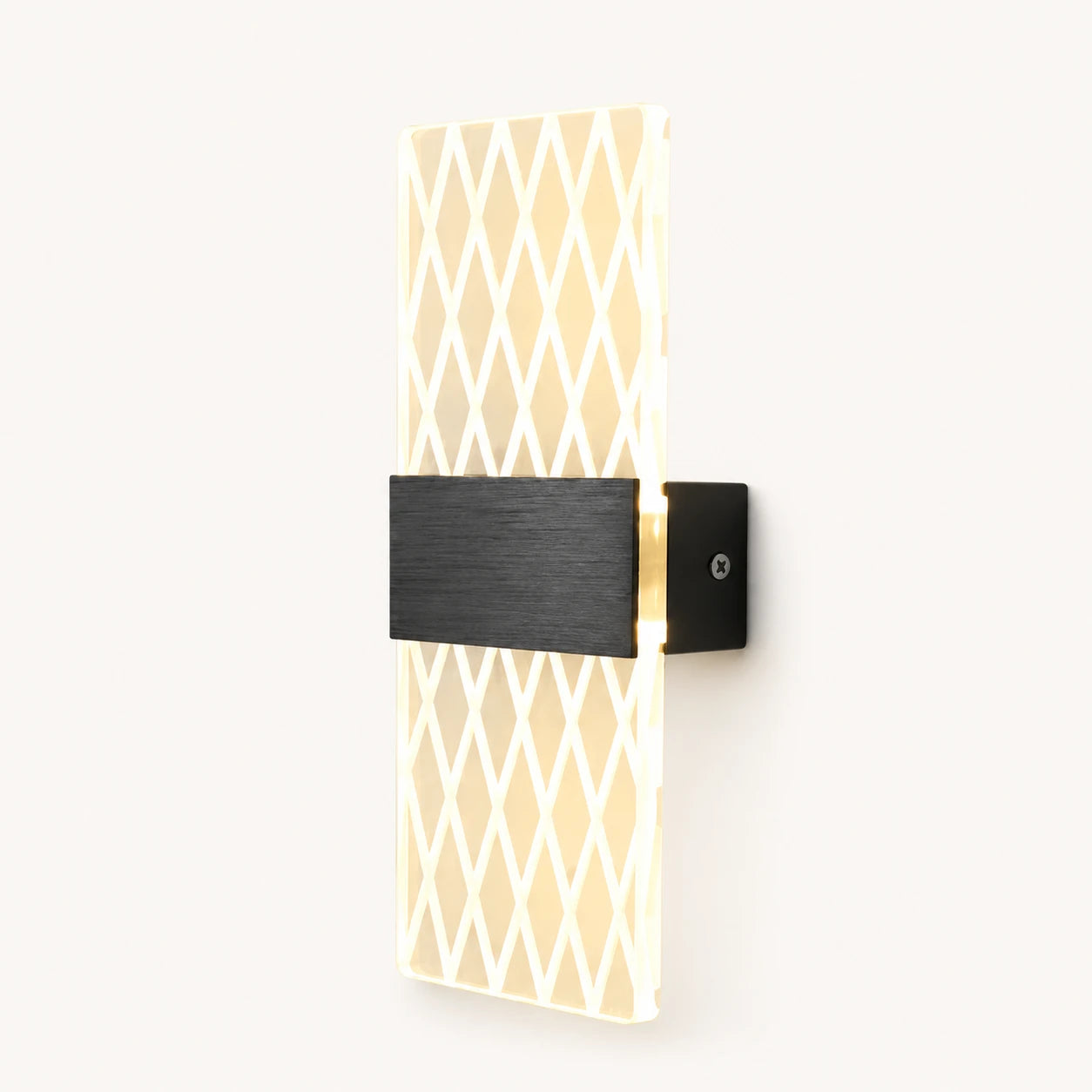 Black hardware decorative acrylic contemporary LED wall sconce with grid pattern crystal acrylic panel product detail view