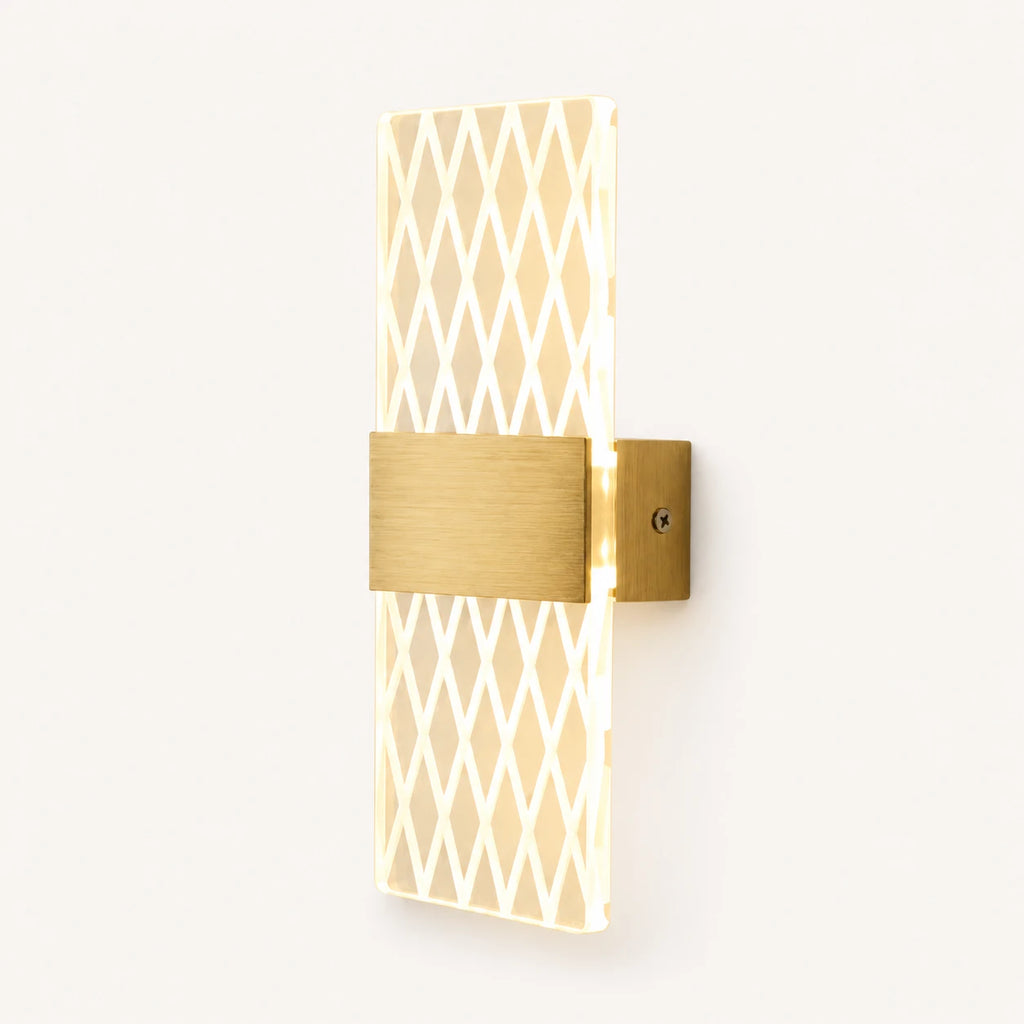 Gold hardware decorative acrylic contemporary LED wall sconce with grid pattern crystal acrylic panel product detail view