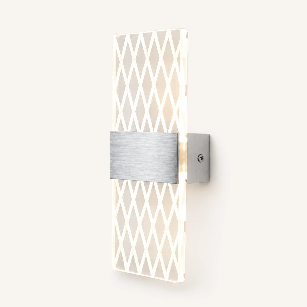 Silver hardware decorative acrylic contemporary LED wall sconce with grid pattern crystal acrylic panel product detail view