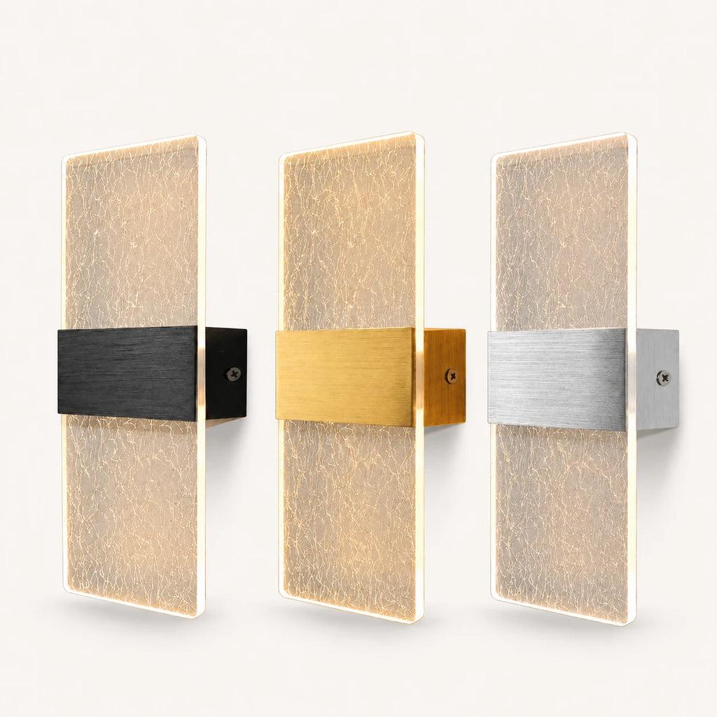Decorative acrylic contemporary LED wall sconce in all hardware colours with silver silk patterned crystal acrylic panel