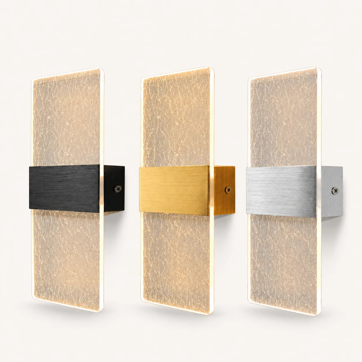 Decorative acrylic contemporary LED wall sconce in all hardware colours with silver silk patterned crystal acrylic panel