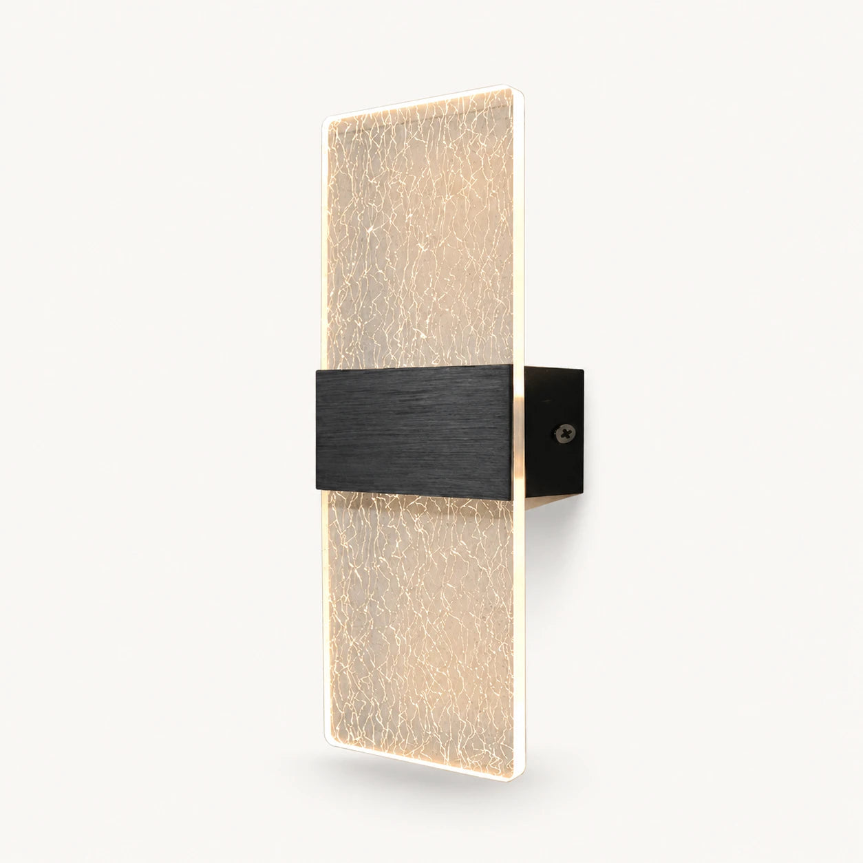 Black hardware decorative acrylic contemporary LED wall sconce with silver silk patterned crystal acrylic panel detail view