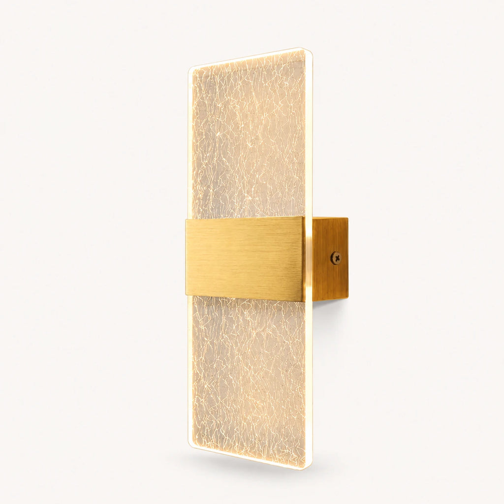 Gold hardware decorative acrylic contemporary LED wall sconce with silver silk patterned crystal acrylic panel detail view