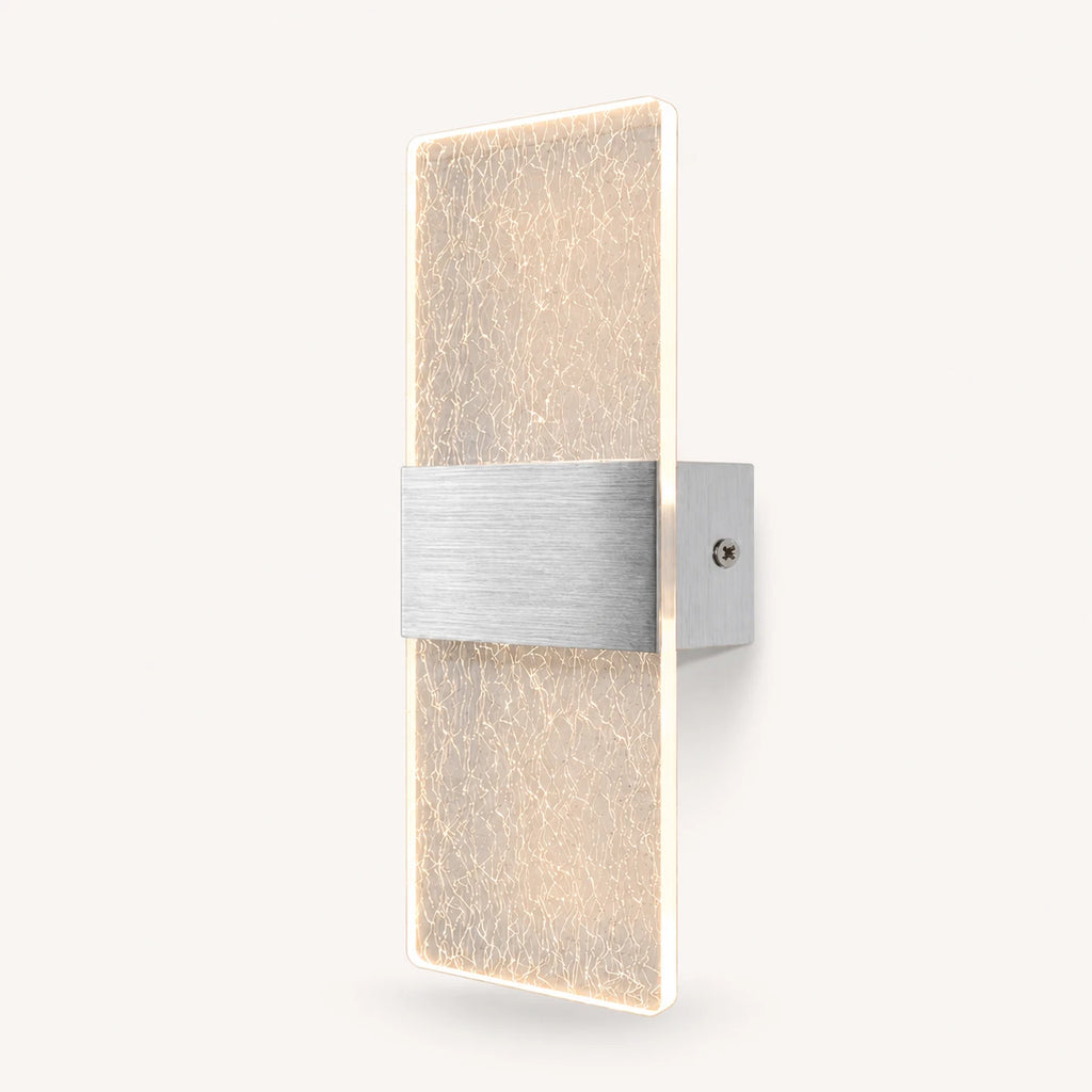 Silver hardware decorative acrylic contemporary LED wall sconce with silver silk patterned crystal acrylic panel detail view