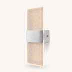 Silver hardware decorative acrylic contemporary LED wall sconce with silver silk patterned crystal acrylic panel detail view