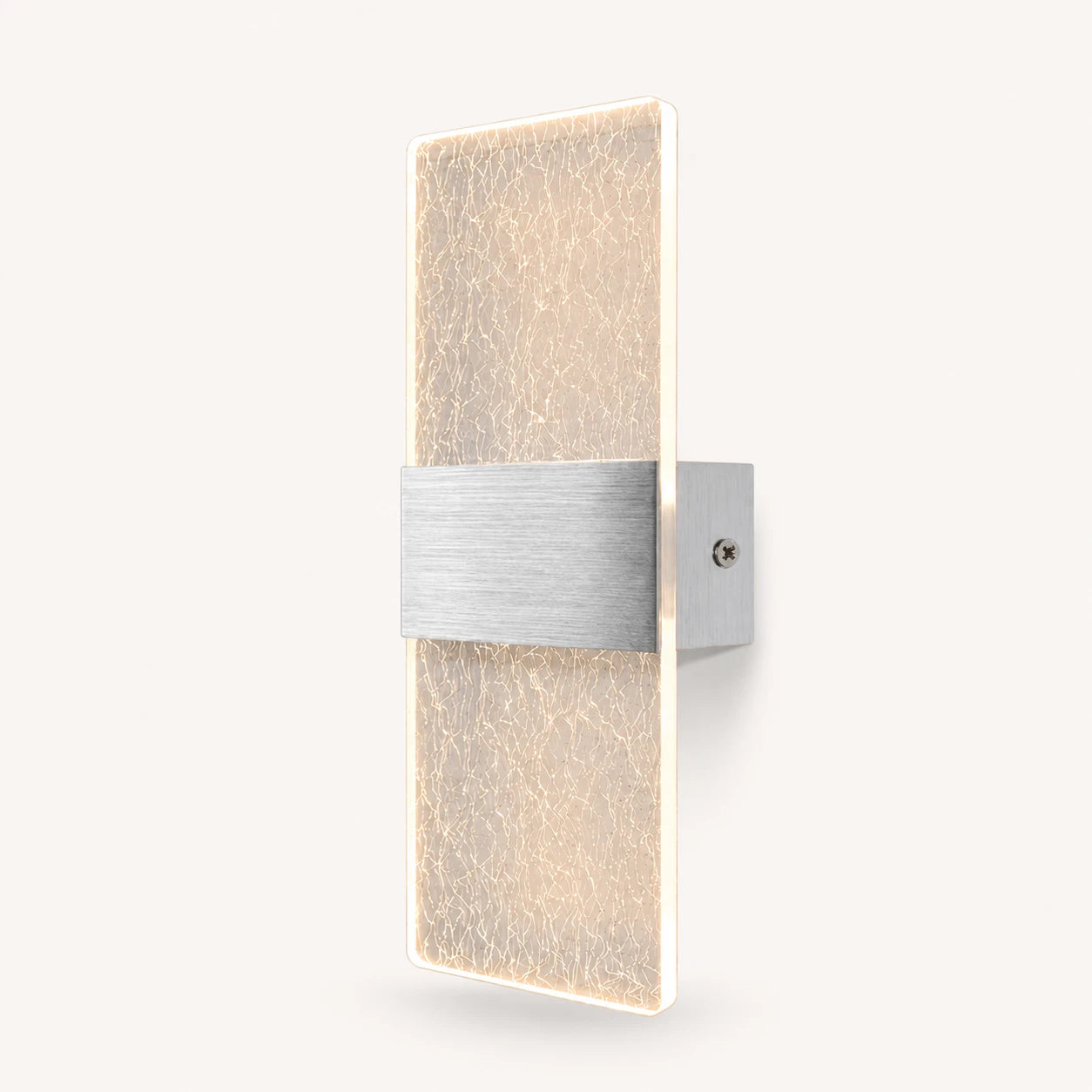 Silver hardware decorative acrylic contemporary LED wall sconce with silver silk patterned crystal acrylic panel detail view