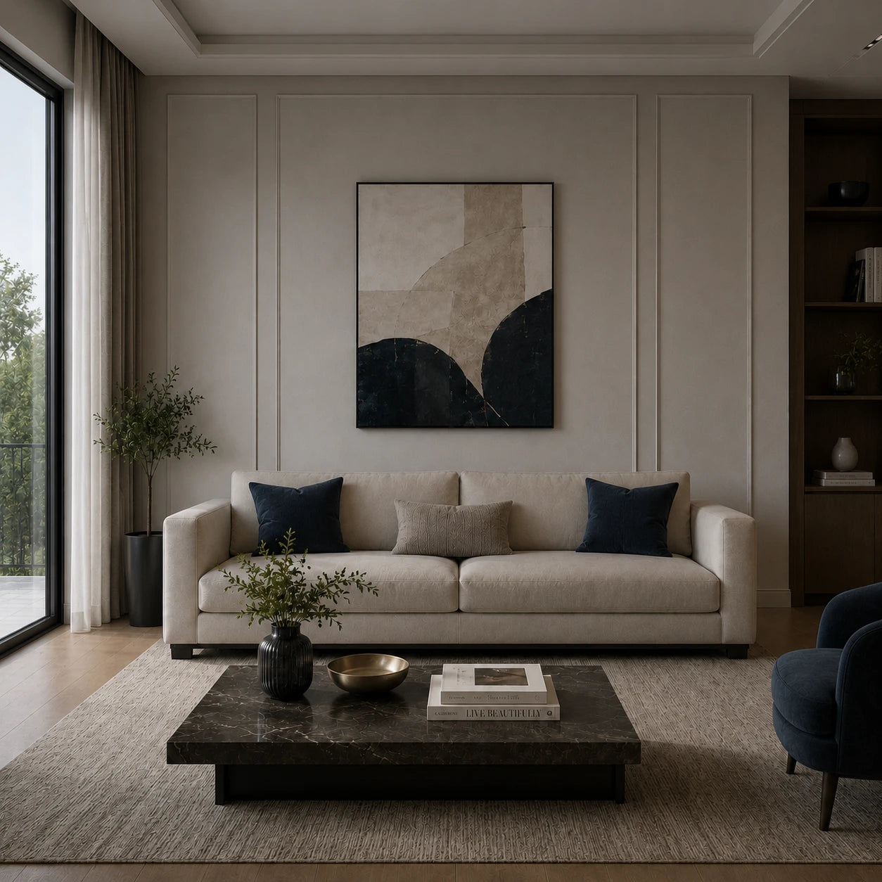 Light-filled living room with navy cushions and dark marble coffee table before installing the double strip LED modern wall light