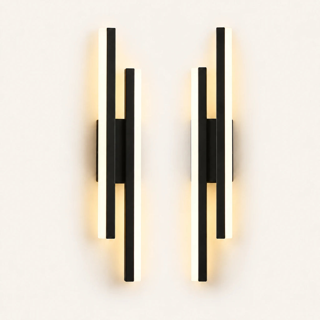 Double strip LED modern wall light in black as a matched left and right pair for a double bed.