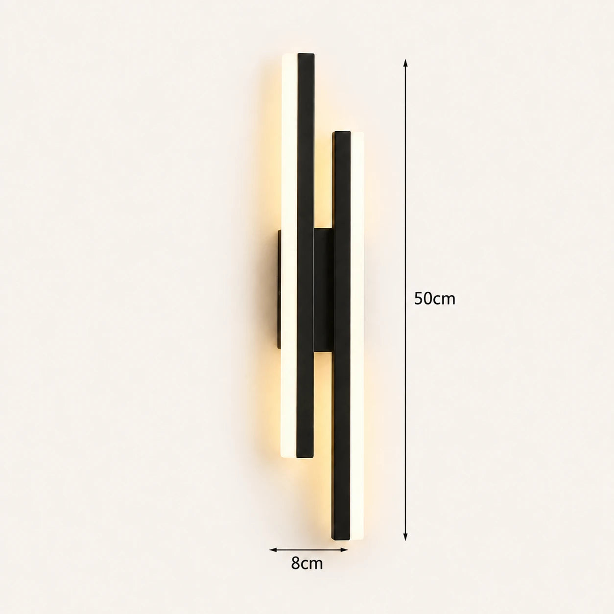 Double strip LED modern wall light dimensions — bar lengths and projection depth measurements on a white background.