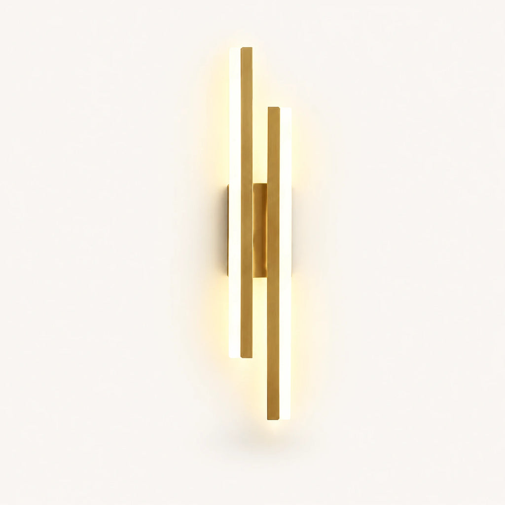 Double strip LED modern wall light in gold left-facing orientation — warm gold LED bars for left-side bedside placement.