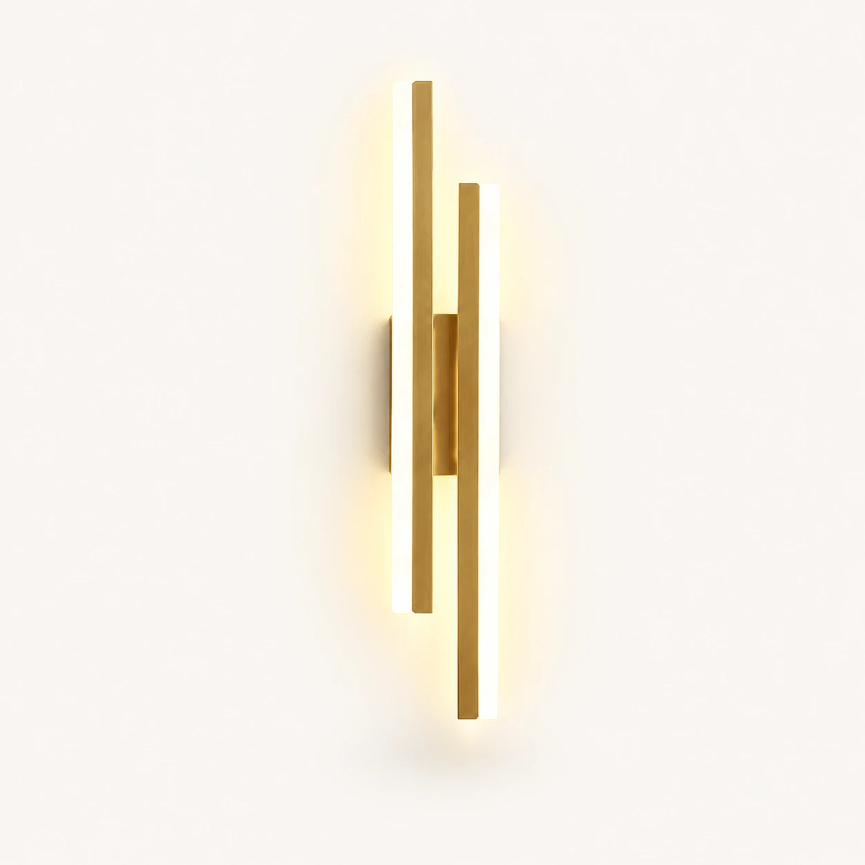 Double strip LED modern wall light in gold left-facing orientation — warm gold LED bars for left-side bedside placement.