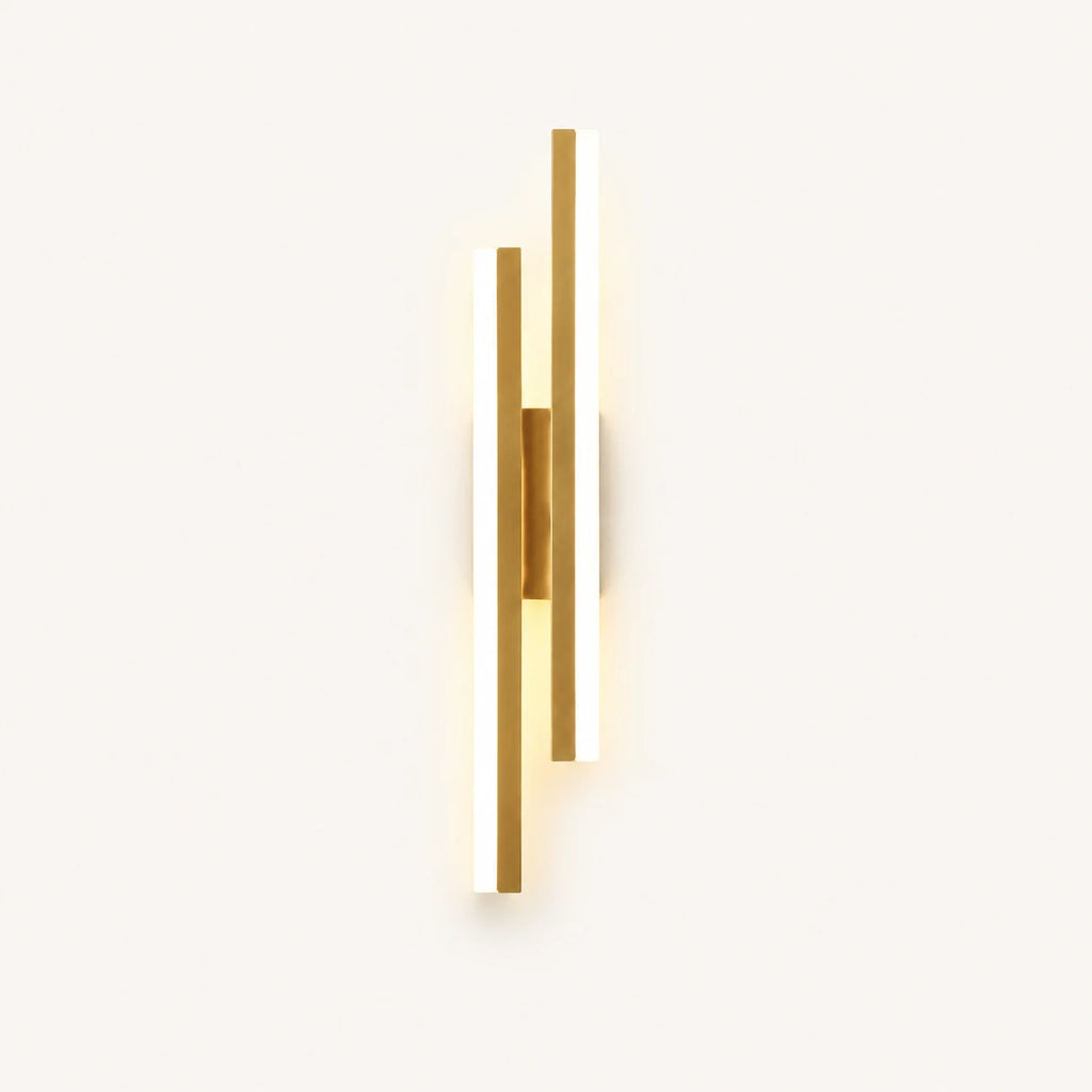 Double strip LED modern wall light in gold right-facing orientation — warm gold LED bars for right-side bedside placement.