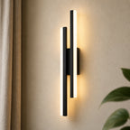 Double strip LED modern wall light from the side — slim parallel LED bars and flush wall mount detail.
