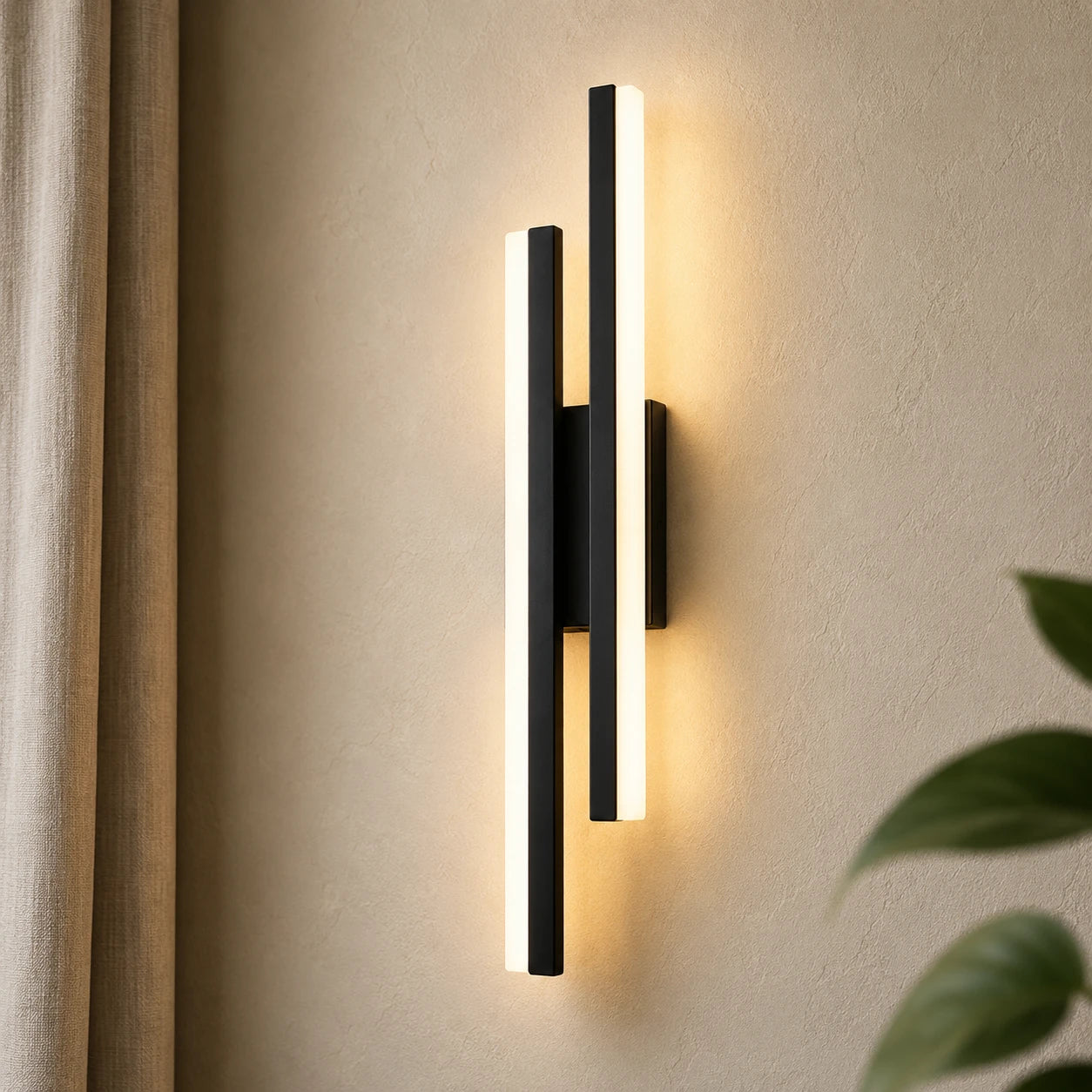 Double strip LED modern wall light from the side — slim parallel LED bars and flush wall mount detail.