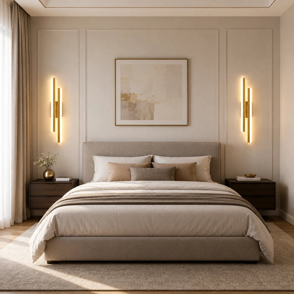 Double Strip LED Modern Wall Light lifestyle in bedroom, gold variant