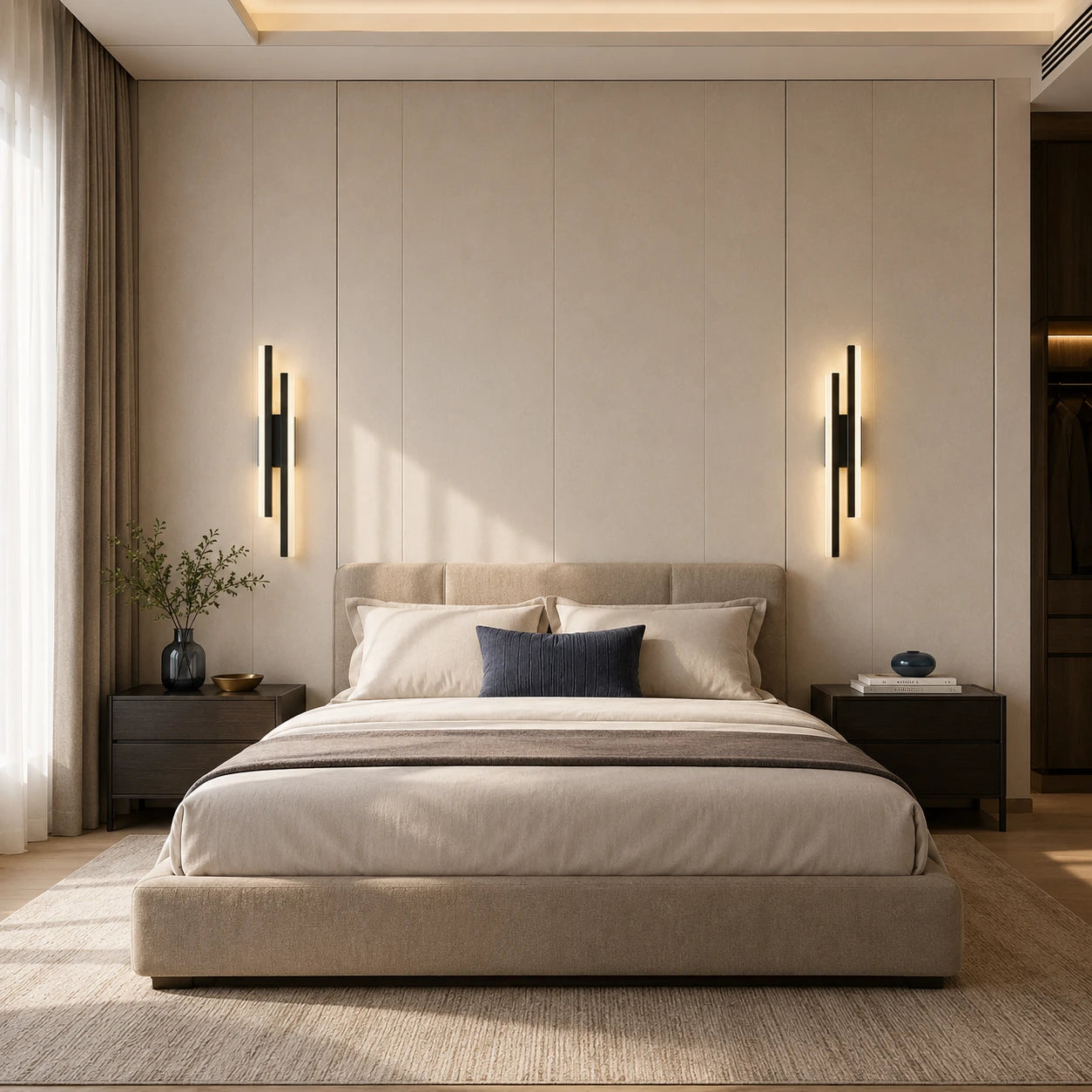 Pair of black double strip LED wall lights either side of a bed in a contemporary bedroom setting