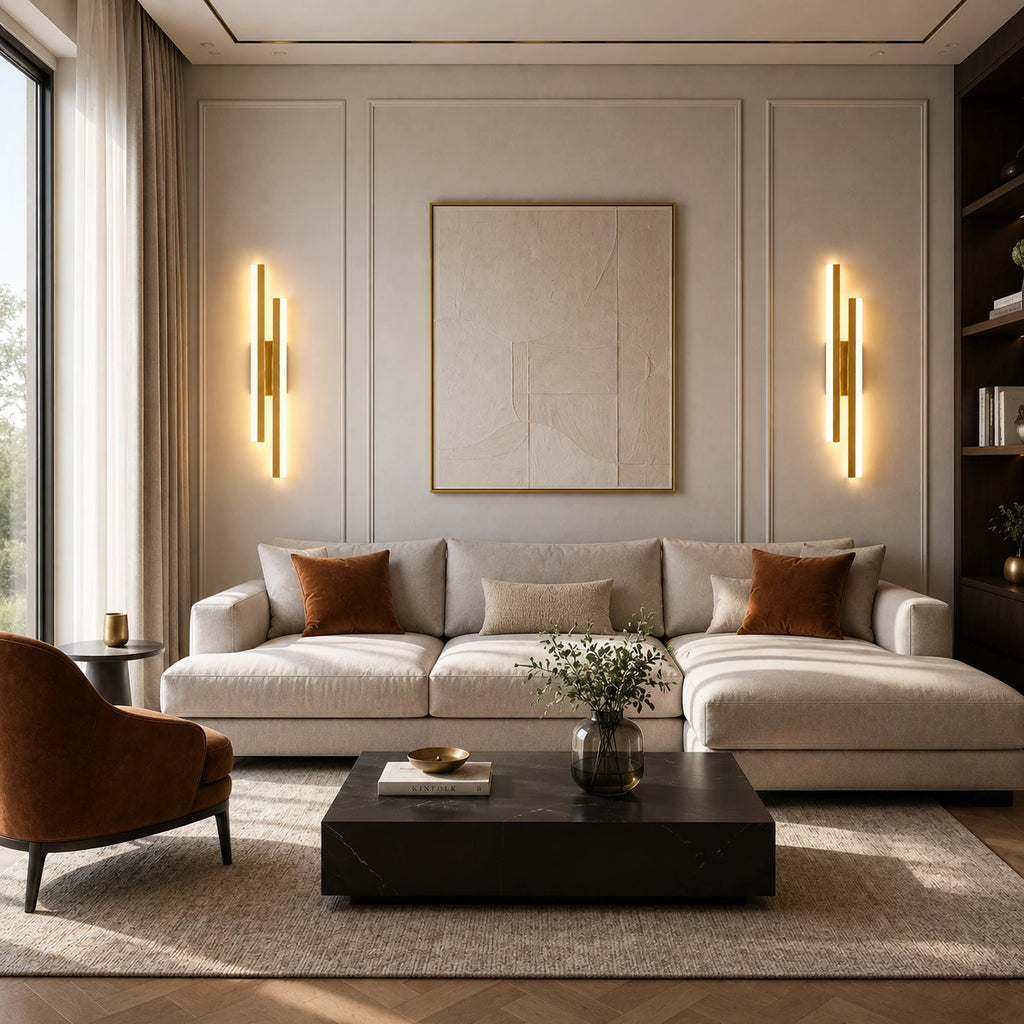 Double Strip LED Modern Wall Light lifestyle in living room, gold variant