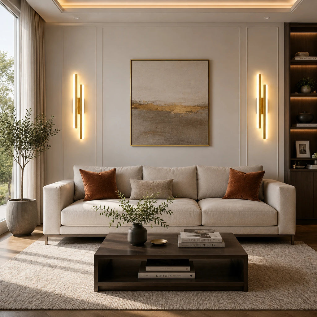 Gold double strip LED wall lights flanking a large artwork above a sofa in a warm contemporary living room