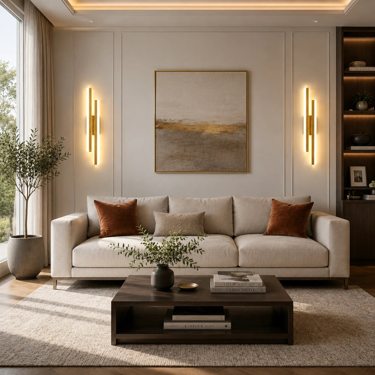 Gold double strip LED wall lights flanking a large artwork above a sofa in a warm contemporary living room
