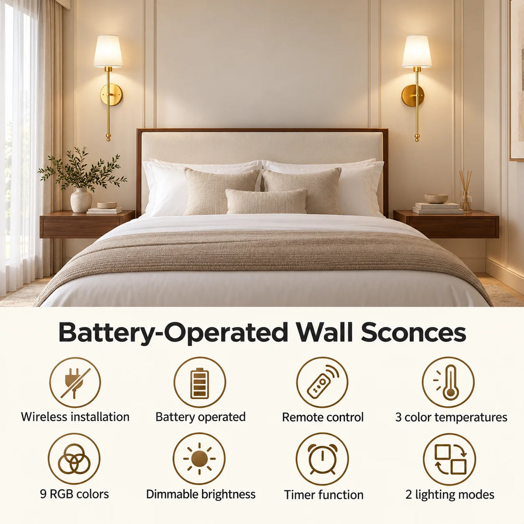 Fabric mid-century wireless wall sconce battery-operated features including remote control, three colour temperatures, nine RGB colours, and a timer function.