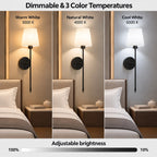 Black fabric mid-century wireless wall sconce offering dimmable brightness and three colour temperatures from warm white to cool white.