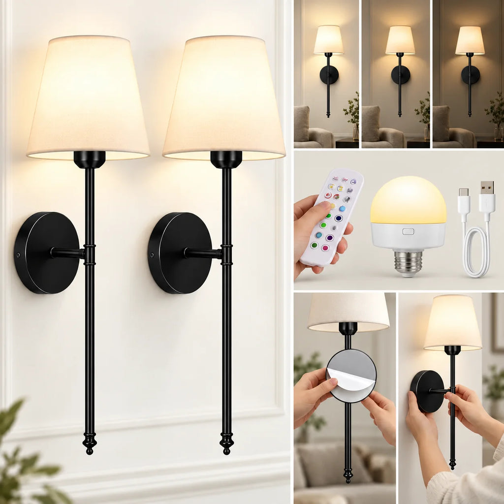 Pair of black fabric mid-century wireless wall sconces shown with the remote control, rechargeable bulb, USB-C cable, and adhesive mount.