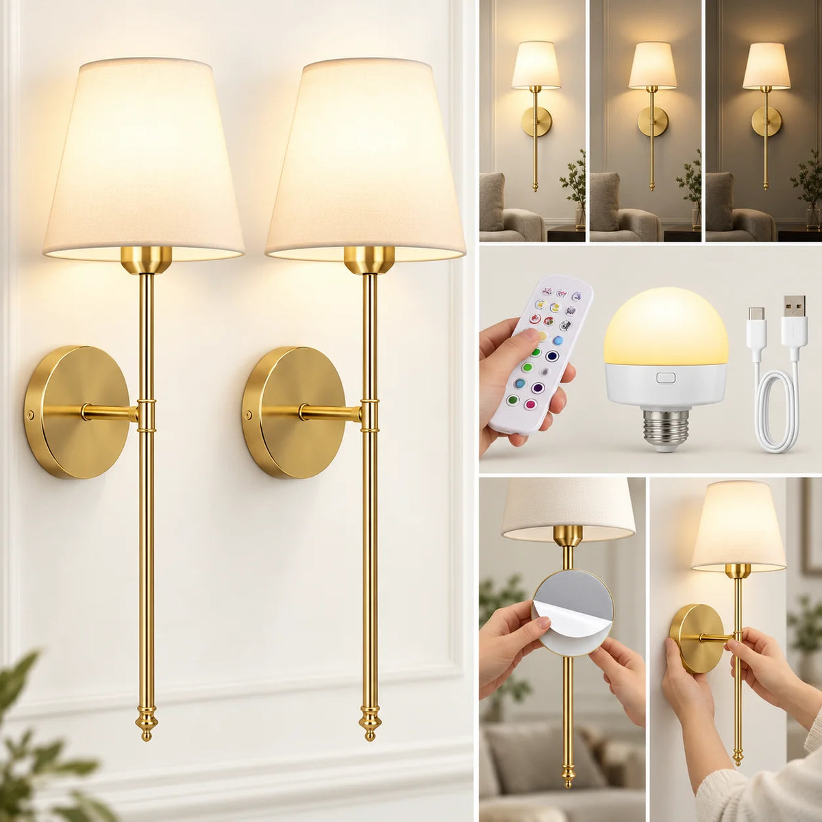 Pair of gold fabric mid-century wireless wall sconces shown with the remote control, rechargeable bulb, USB-C cable, and adhesive mount.