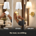 Fabric mid-century wireless wall sconce installing with a simple peel-and-stick adhesive mount, requiring no tools or wall drilling.
