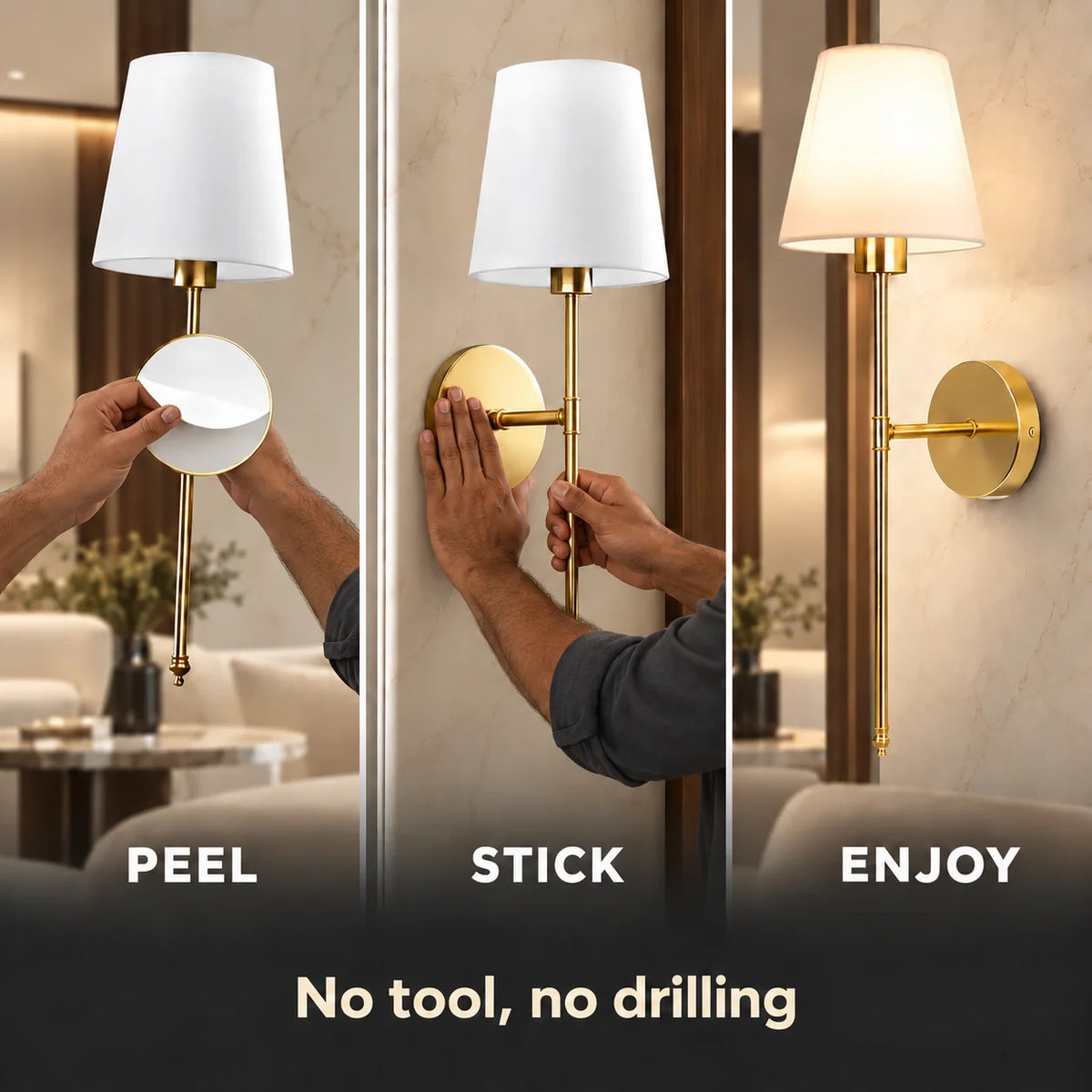 Fabric mid-century wireless wall sconce installing with a simple peel-and-stick adhesive mount, requiring no tools or wall drilling.