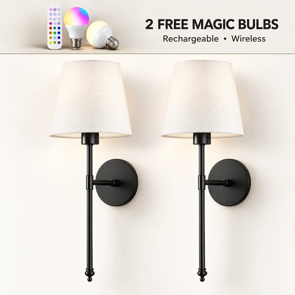 Pair of black fabric mid-century wireless wall sconces sold as a two-piece set with tapered fabric shades and brass stems.