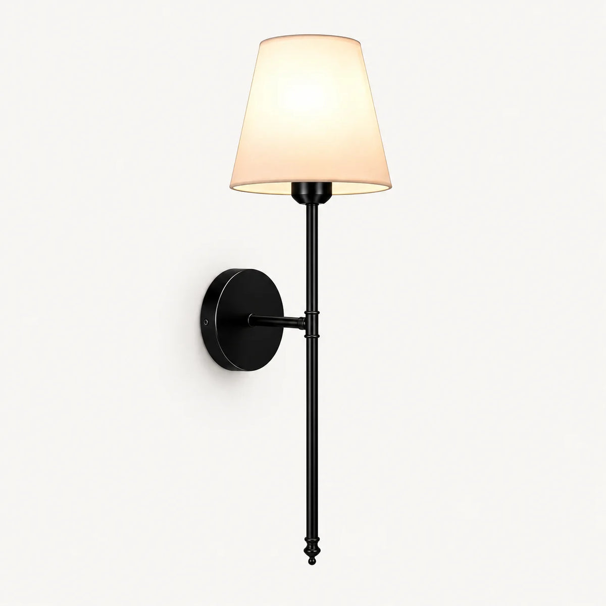 Black fabric mid-century wireless wall sconce in a single pack, featuring a tapered fabric shade on a brass-finished stem.