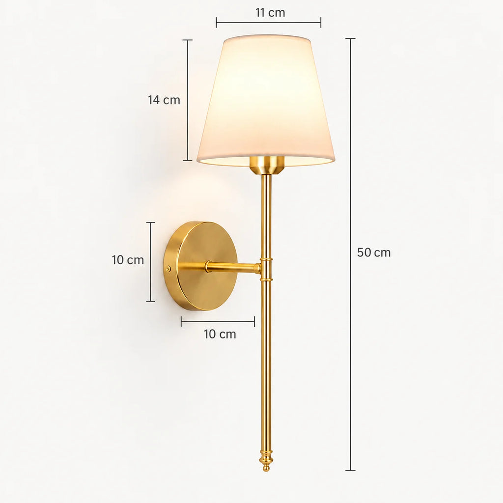 Fabric mid-century wireless wall sconce dimensions — 50cm total height, 11cm shade width, and 10cm backplate diameter for planning.