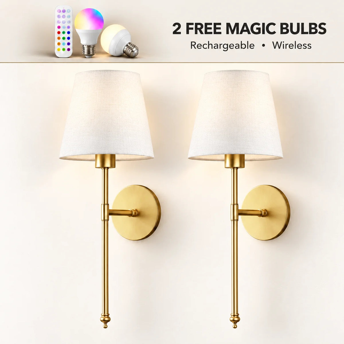 Pair of gold fabric mid-century wireless wall sconces sold as a two-piece set with tapered fabric shades and brass stems.