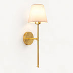 Gold fabric mid-century wireless wall sconce in a single pack, featuring a tapered fabric shade on a brass-finished stem.