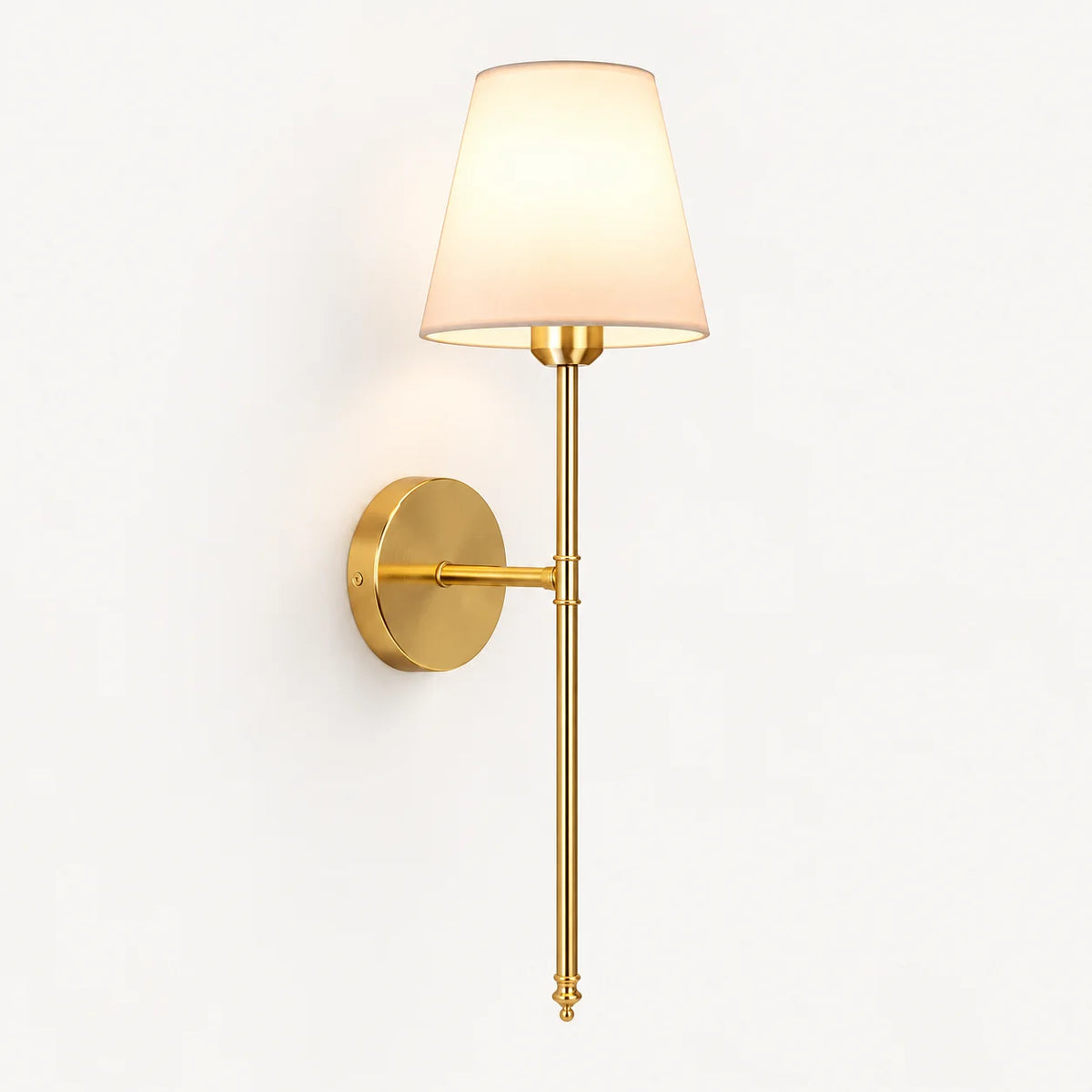 Gold fabric mid-century wireless wall sconce in a single pack, featuring a tapered fabric shade on a brass-finished stem.