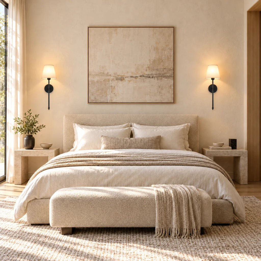 Black fabric mid-century wireless wall sconce mounted in a bedroom, offering soft ambient light as a bedside alternative lamp.