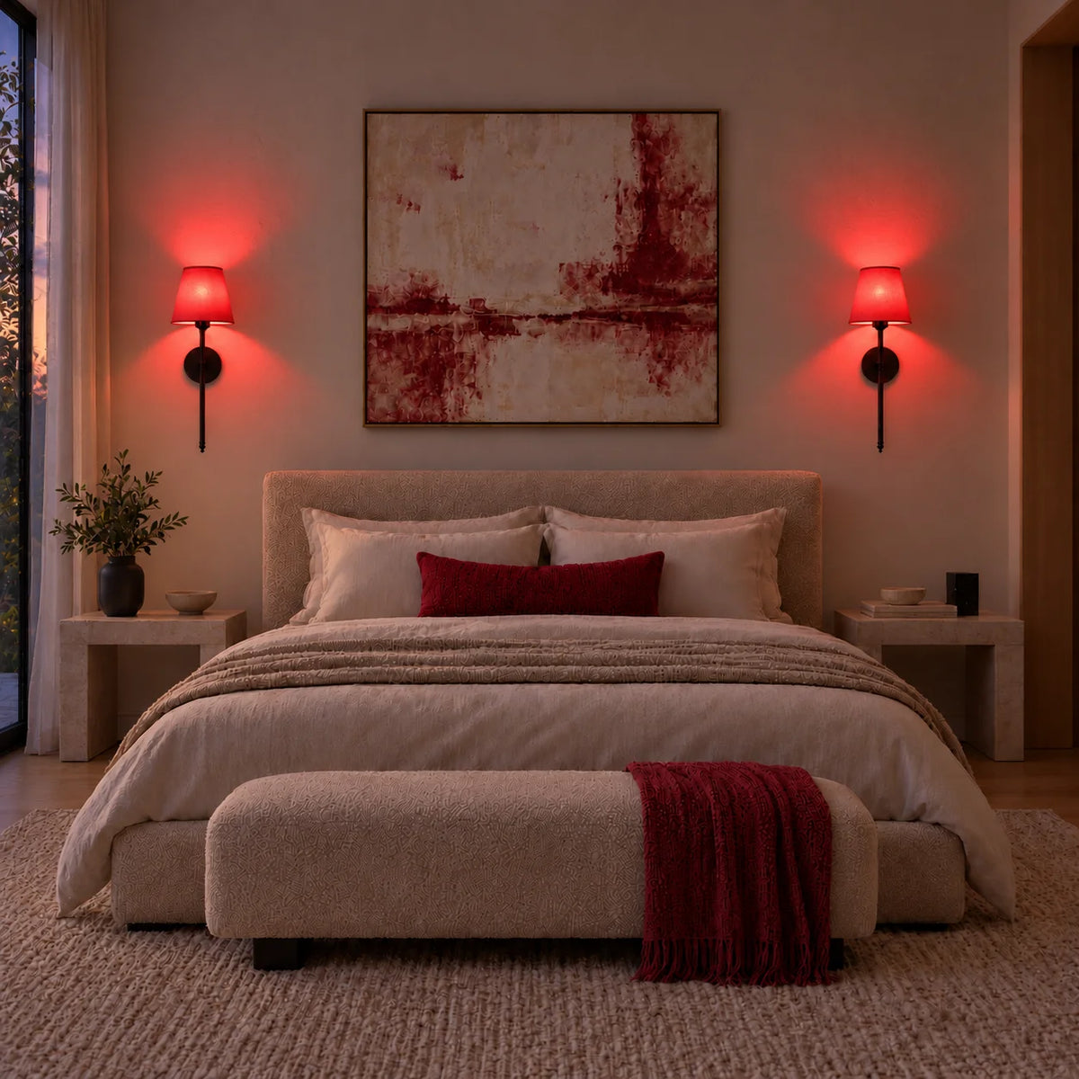 Black fabric mid-century wireless wall sconce mounted bedside, providing a warm ambient glow for nighttime reading and relaxation.