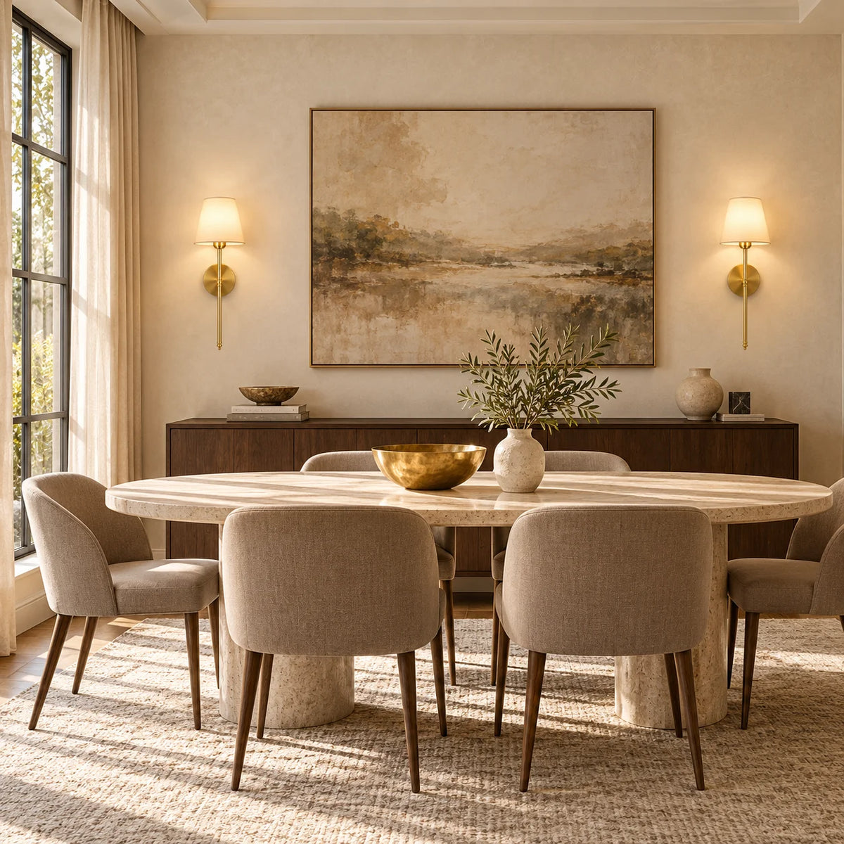 Gold fabric mid-century wireless wall sconce mounted in a dining room, adding warm ambient wall lighting beside the table.