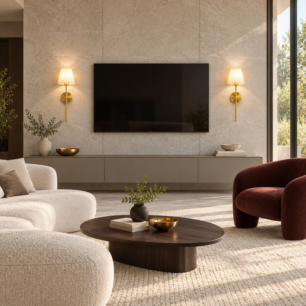 Gold fabric mid-century wireless wall sconce mounted in a living room, casting a warm ambient glow from its fabric shade.