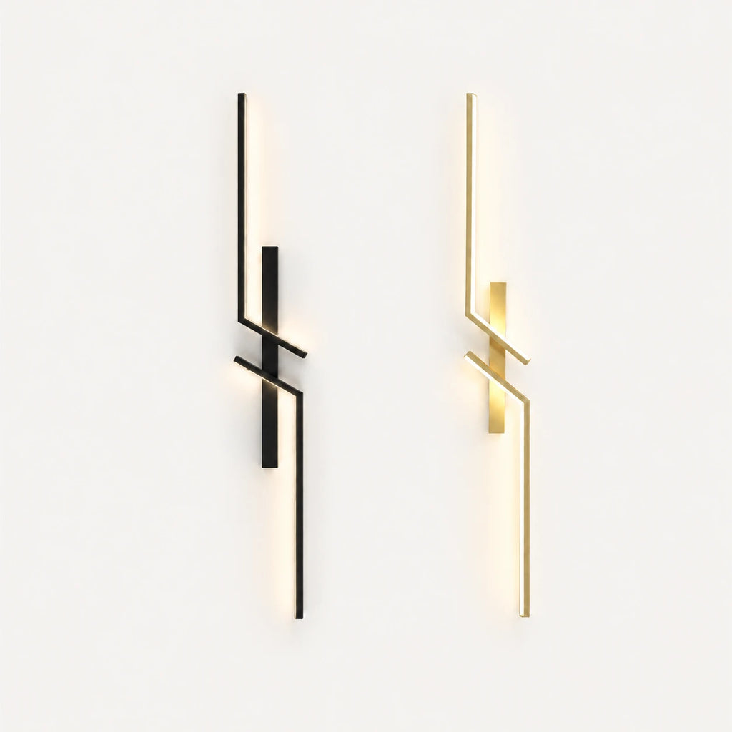 Geometric two-bar LED modern wall light in black and gold, shown in 60cm, 80cm, and 100cm size options.